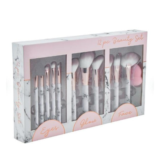 GloTech 12-Piece Marble Makeup Brush Set: Pro-Quality for Flawless Foundation, Eyeshadow & Full Face Glow
