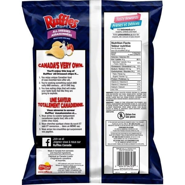 Ruffles All Dressed Potato Chips: The Legendary Sweet, Salty & Savory Snack (4-Pack, 2.1 oz Bags)
