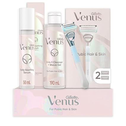 Gillette Venus Pubic Hair & Skin Kit: Smooth Shave, Irritation Defense - Razor, 2 Refills, Cleanser/Gel & Serum