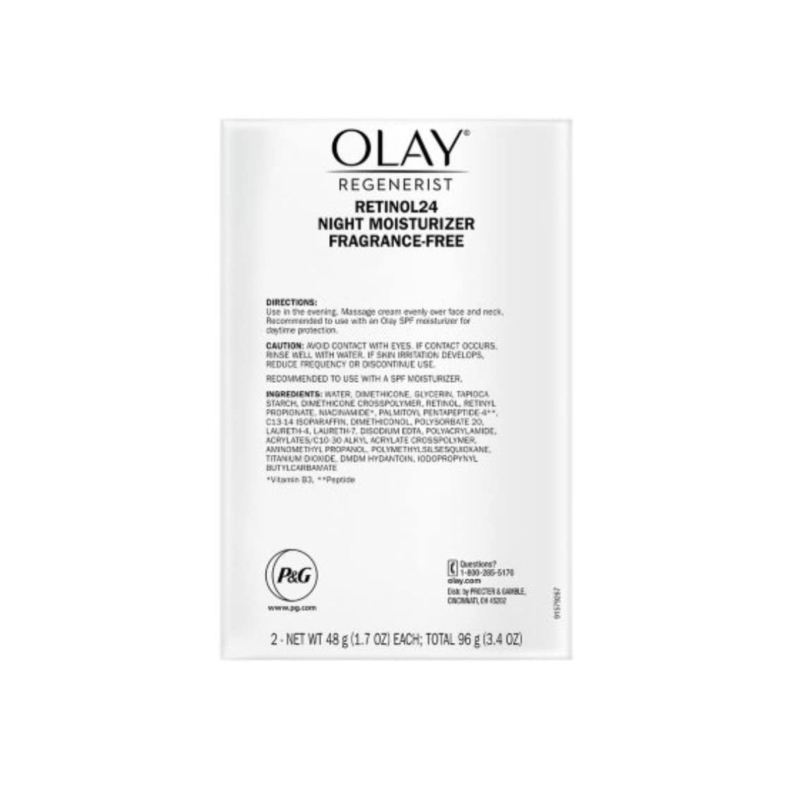 Olay Regenerist Retinol 24 + Peptide Night Face Moisturizer, Fragrance-Free (1.7 oz, 2 Pack Value)