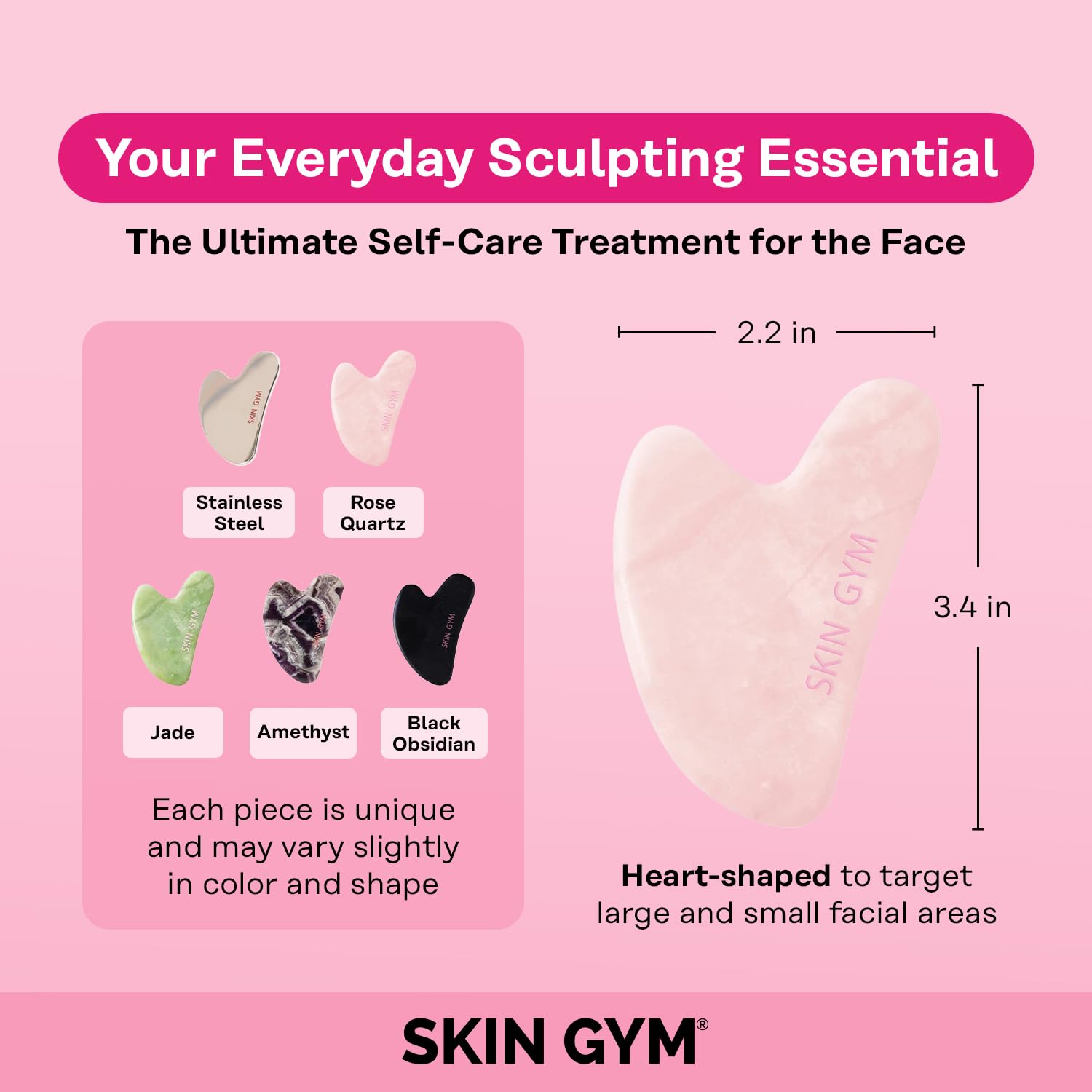 Skin Gym Rose Quartz Gua Sha Crystal Sculpty Tool – Facial Sculpting, Contouring & Lymphatic Drainage Massage