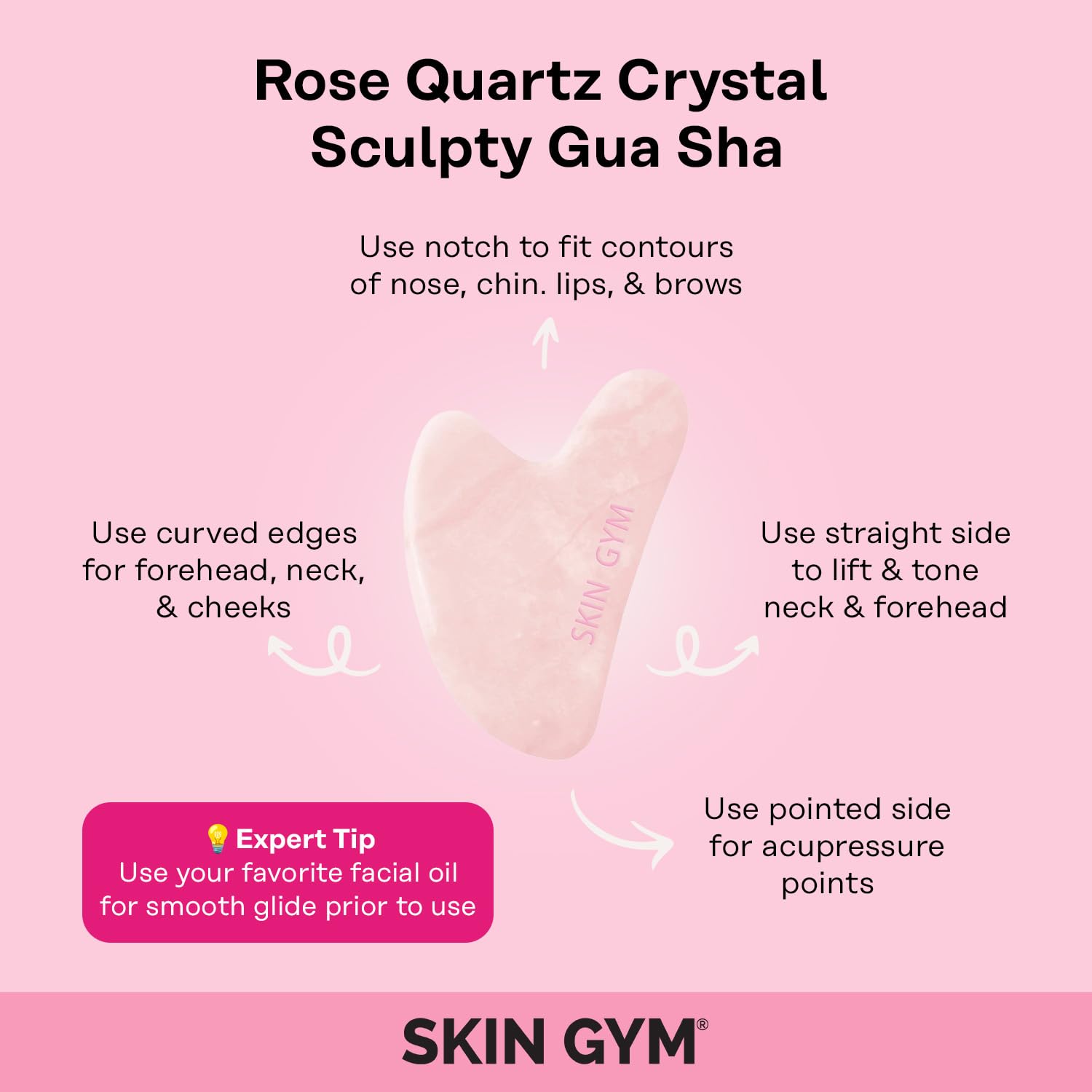 Skin Gym Rose Quartz Gua Sha Crystal Sculpty Tool – Facial Sculpting, Contouring & Lymphatic Drainage Massage