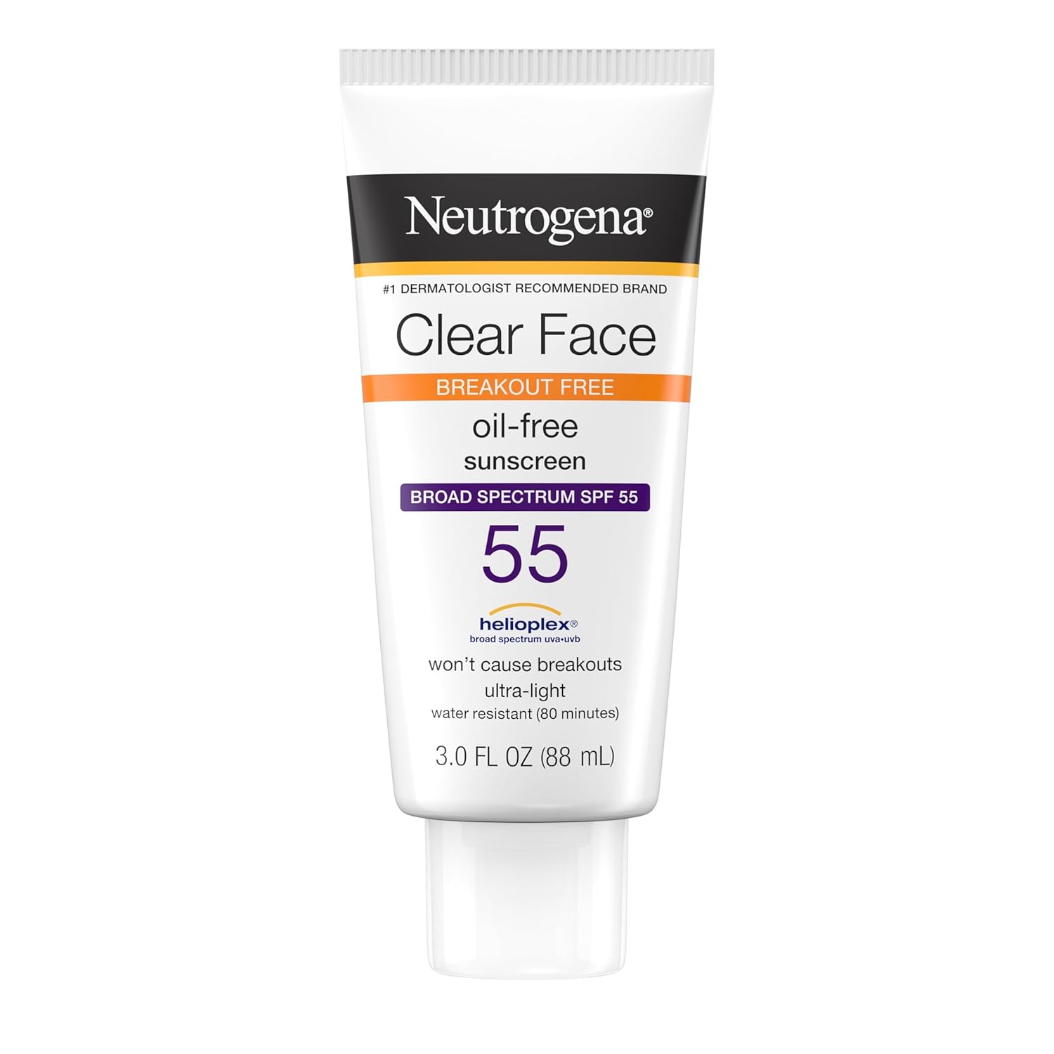 Neutrogena Clear Face Sunscreen SPF 55 (3oz) – Oil-Free, Breakout-Free Sun Protection for Acne-Prone Skin