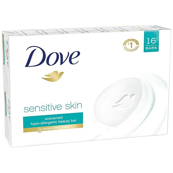 Dove Sensitive Skin Beauty Bar (16-Pack, 4 oz each) – Hypoallergenic, Unscented, Moisturizing Soap for Gentle Cleansing – Dermatologist Recommended