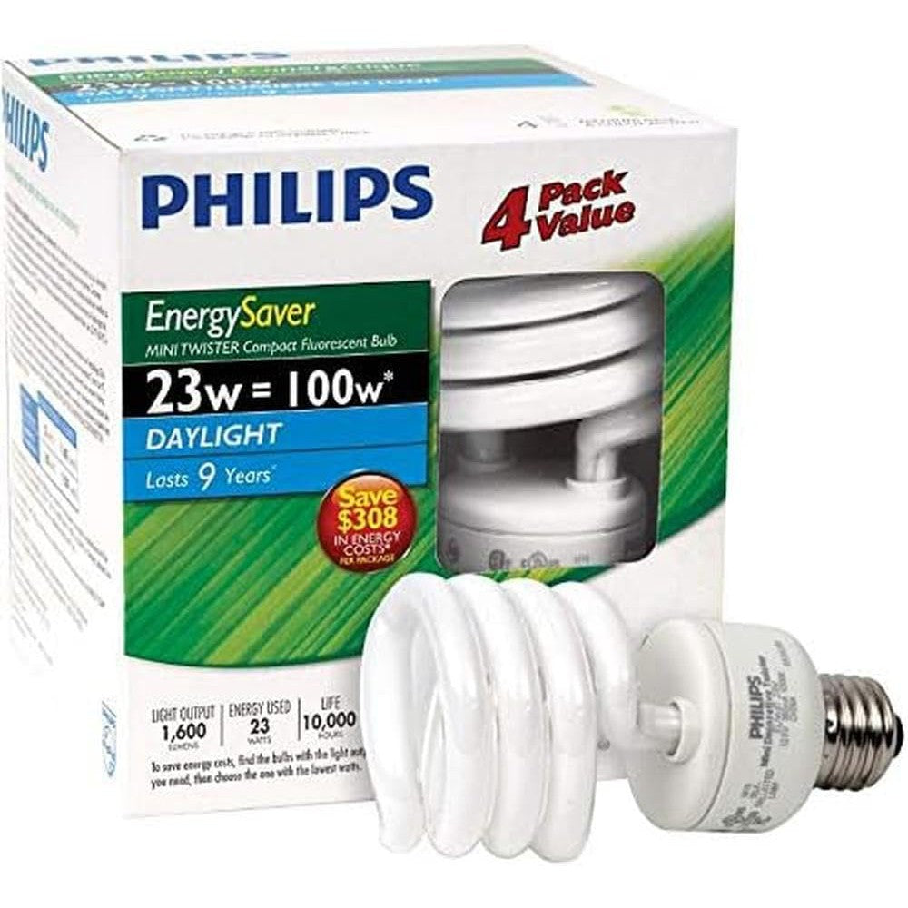 Philips 23W Daylight CFL Mini Twister Bulbs (4-Pack) - Bright 1600 Lumens, Energy Saving, Long-Life