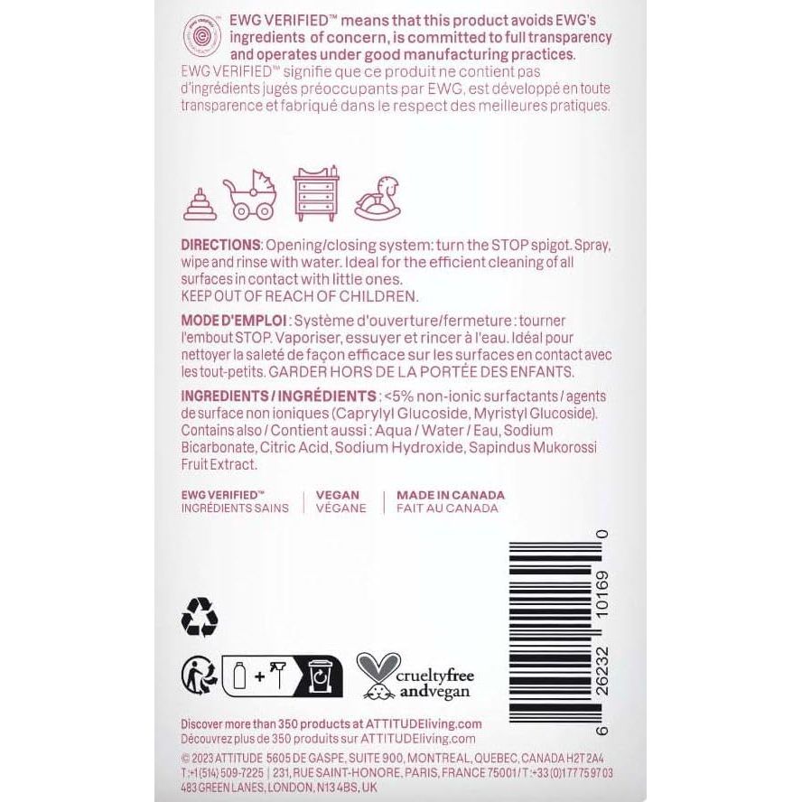 ATTITUDE Natural Toy & Multi-Surface Cleaner (27.1oz) – EWG Verified, Unscented & Vegan for Safe, Worry-Free Cleaning