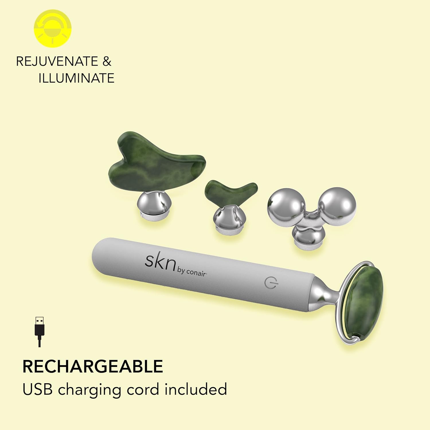 Skn by Conair Jade Vibe Facial Roller Kit: De-Puff & Glow with Vibrating Massage & Attachments (FR02)