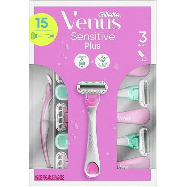 Gillette Venus Sensitive Plus Women's Disposable Razors, 15 Count – Smooth, Irritation-Free Shave for Delicate Skin