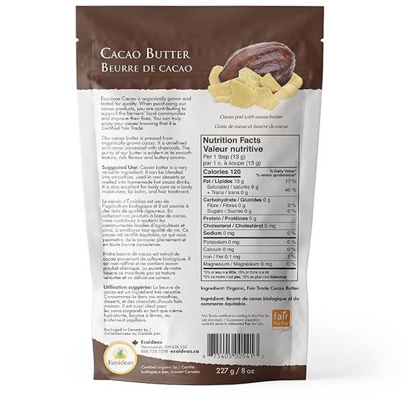 Ecoideas Org. Raw Cacao Butter, 8 OZ BAG - Organic, Non-GMO, Fair Trade, Gluten Free, Vegan, Plant Based Healthy Fat