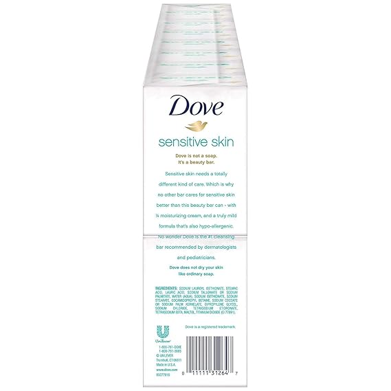 Dove Sensitive Skin Beauty Bar (16-Pack, 4 oz each) – Hypoallergenic, Unscented, Moisturizing Soap for Gentle Cleansing – Dermatologist Recommended