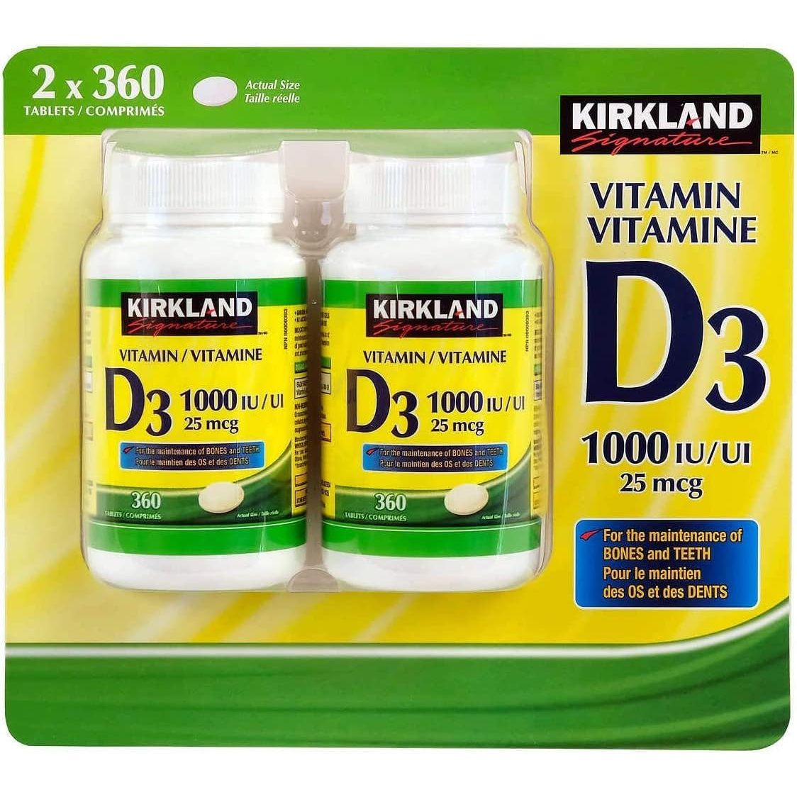 Kirkland Signature Vitamin D3 1000 IU (25 mcg) - Bone, Teeth & Immune Support - 720 Tablets (Twin Pack)