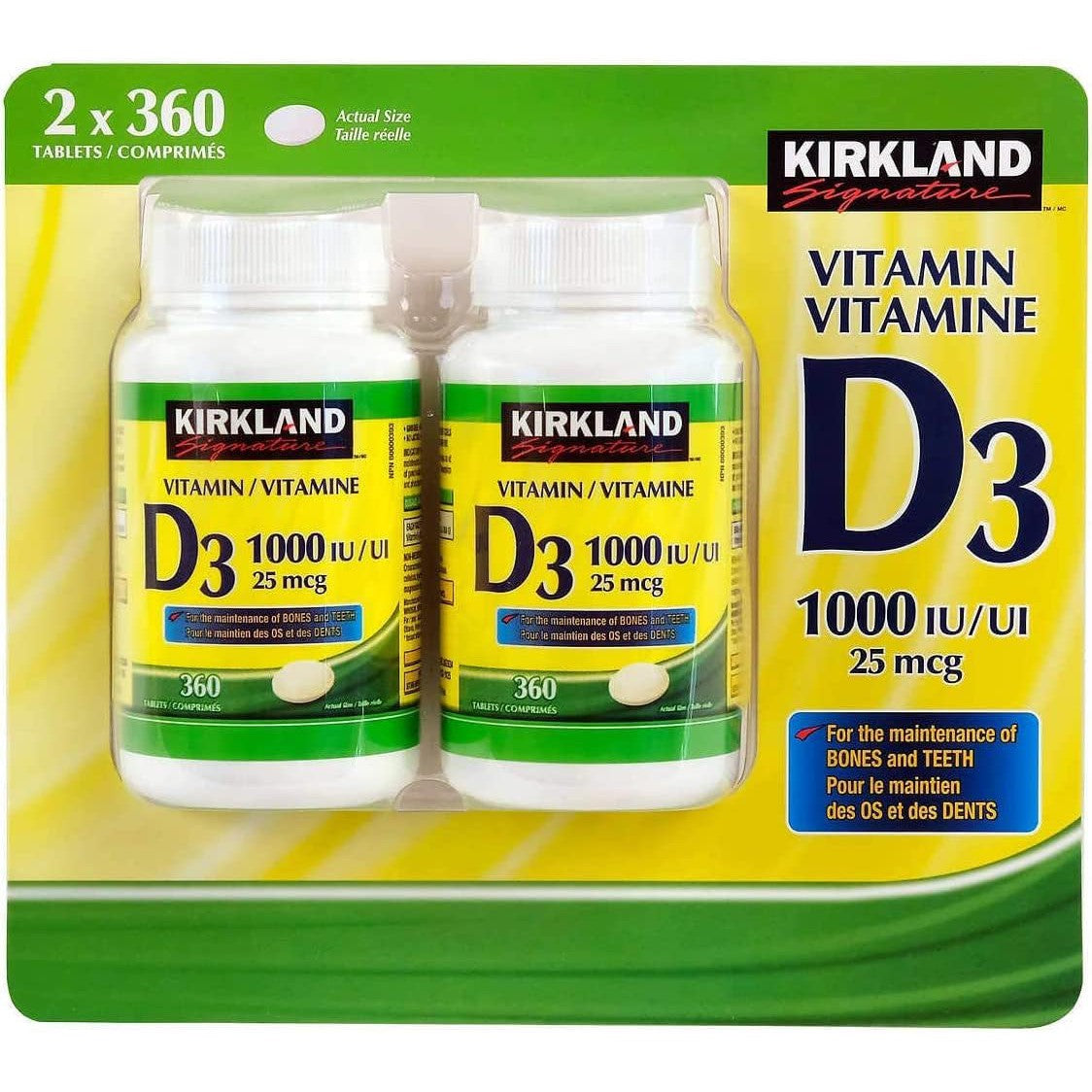 Kirkland Signature Vitamin D3 1000 IU (25 mcg) - Bone, Teeth & Immune Support - 720 Tablets (Twin Pack)