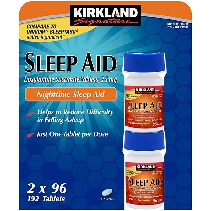 Kirkland Signature Sleep Aid Tablets (192 Count) - Doxylamine Succinate 25mg for Fast-Acting Relief from Sleeplessness