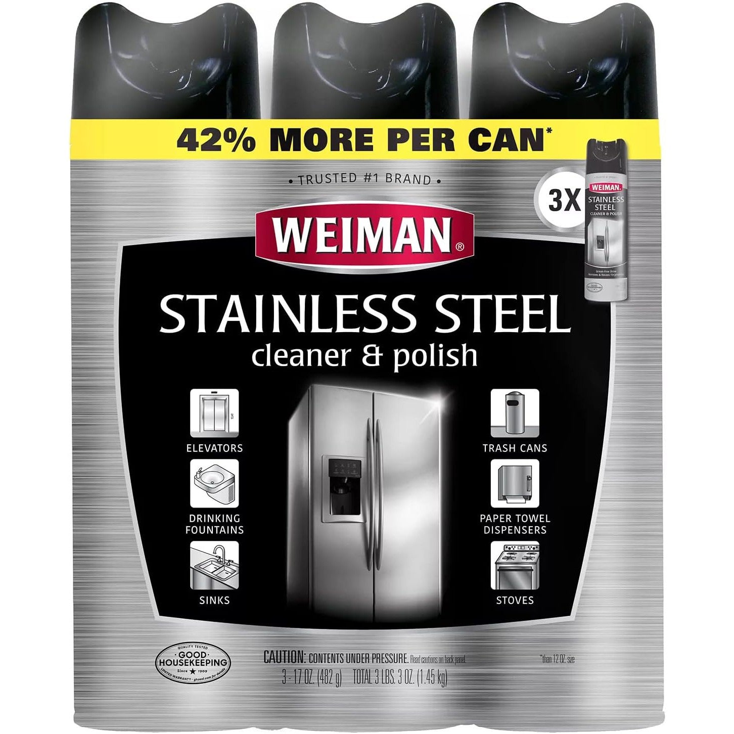 Weiman Stainless Steel Cleaner & Polish Spray (3-Pack, 17oz Ea) – Streak-Free Shine, Fingerprint Resistant, Protects Appliances