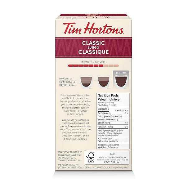 Tim Hortons Classic Lungo Capsules, Nespresso Original Line Compatible Capsules, 10 Count