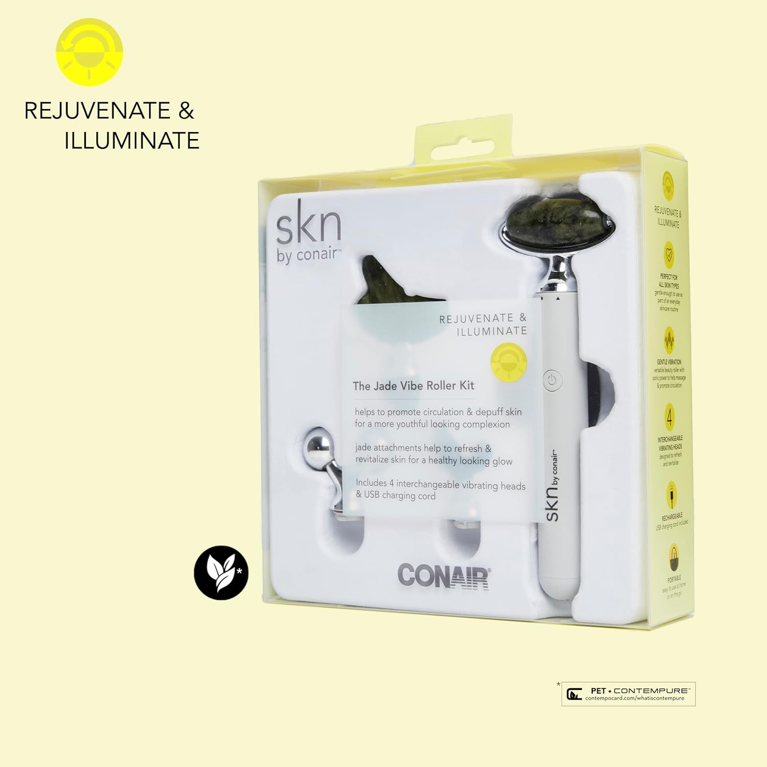 Skn by Conair Jade Vibe Facial Roller Kit: De-Puff & Glow with Vibrating Massage & Attachments (FR02)