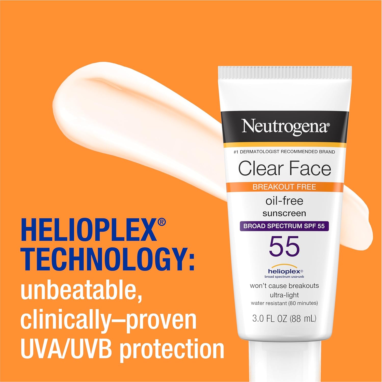 Neutrogena Clear Face Sunscreen SPF 55 (3oz) – Oil-Free, Breakout-Free Sun Protection for Acne-Prone Skin