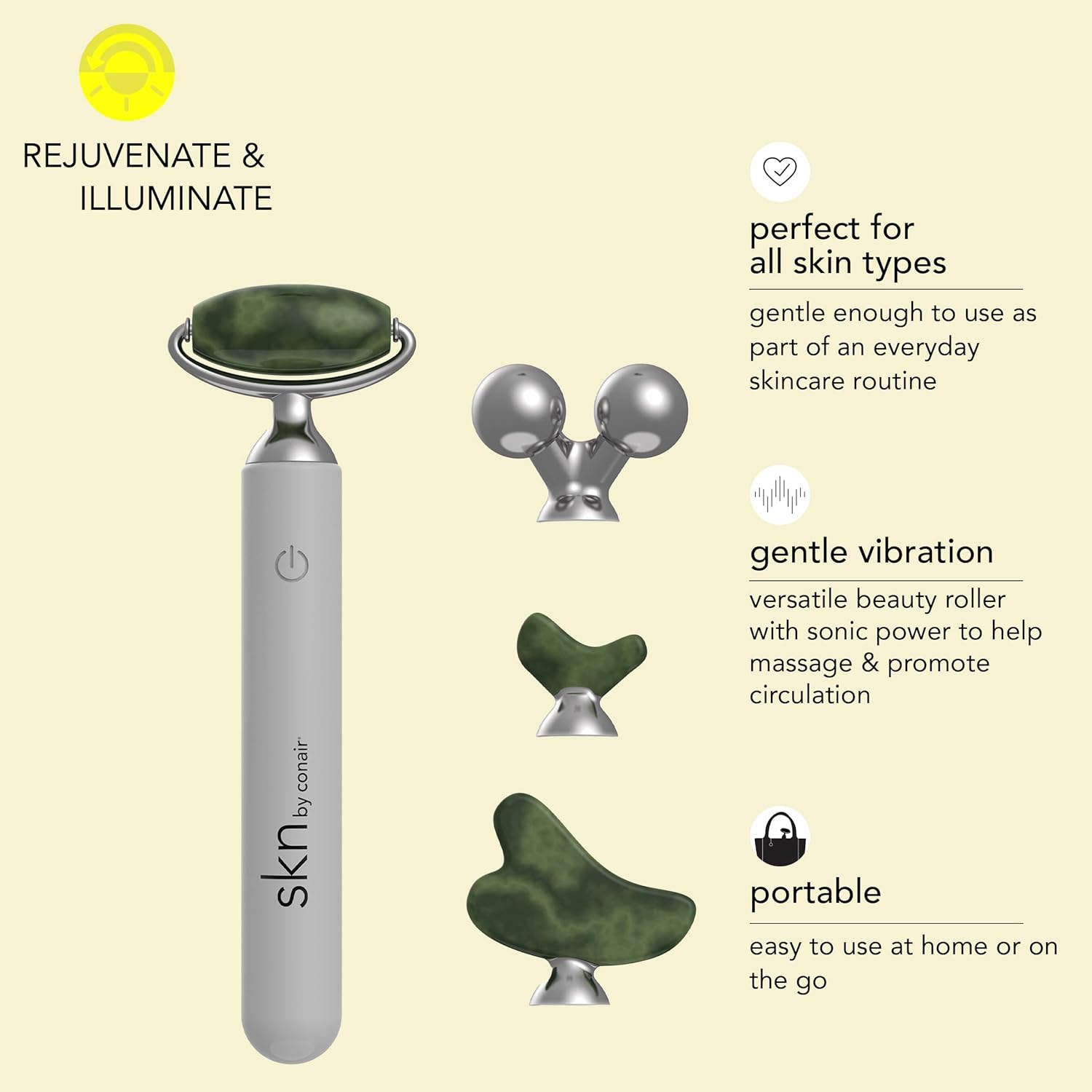 Skn by Conair Jade Vibe Facial Roller Kit: De-Puff & Glow with Vibrating Massage & Attachments (FR02)