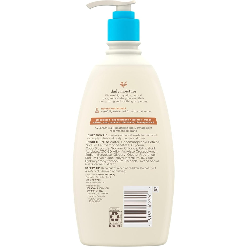 Aveeno Baby Daily Moisture Gentle Bath Wash & Shampoo with Natural Oat Extract, Hypoallergenic, Tear-Free & Paraben-Free Formula For Sensitive Hair & Skin, Lightly Scented, 33 fl. oz