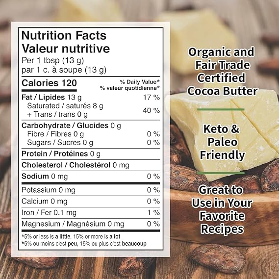 Ecoideas Org. Raw Cacao Butter, 8 OZ BAG - Organic, Non-GMO, Fair Trade, Gluten Free, Vegan, Plant Based Healthy Fat