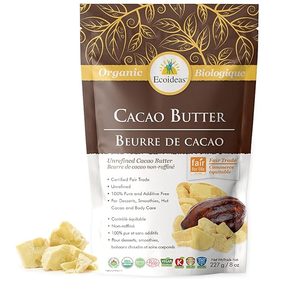 Ecoideas Org. Raw Cacao Butter, 8 OZ BAG - Organic, Non-GMO, Fair Trade, Gluten Free, Vegan, Plant Based Healthy Fat