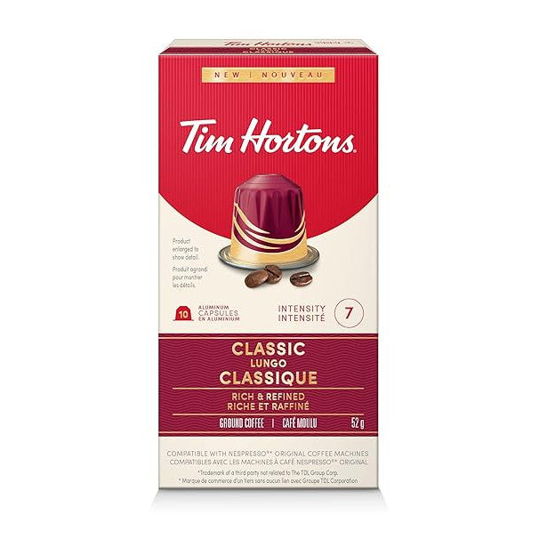 Tim Hortons Classic Lungo Capsules, Nespresso Original Line Compatible Capsules, 10 Count