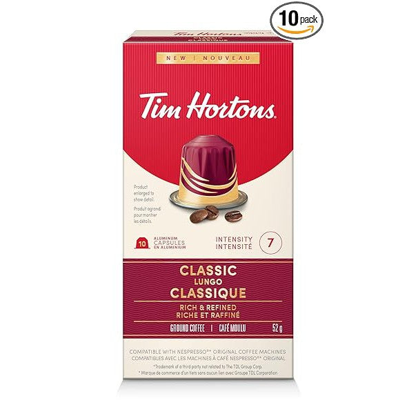 Tim Hortons Classic Lungo Capsules, Nespresso Original Line Compatible Capsules, 10 Count