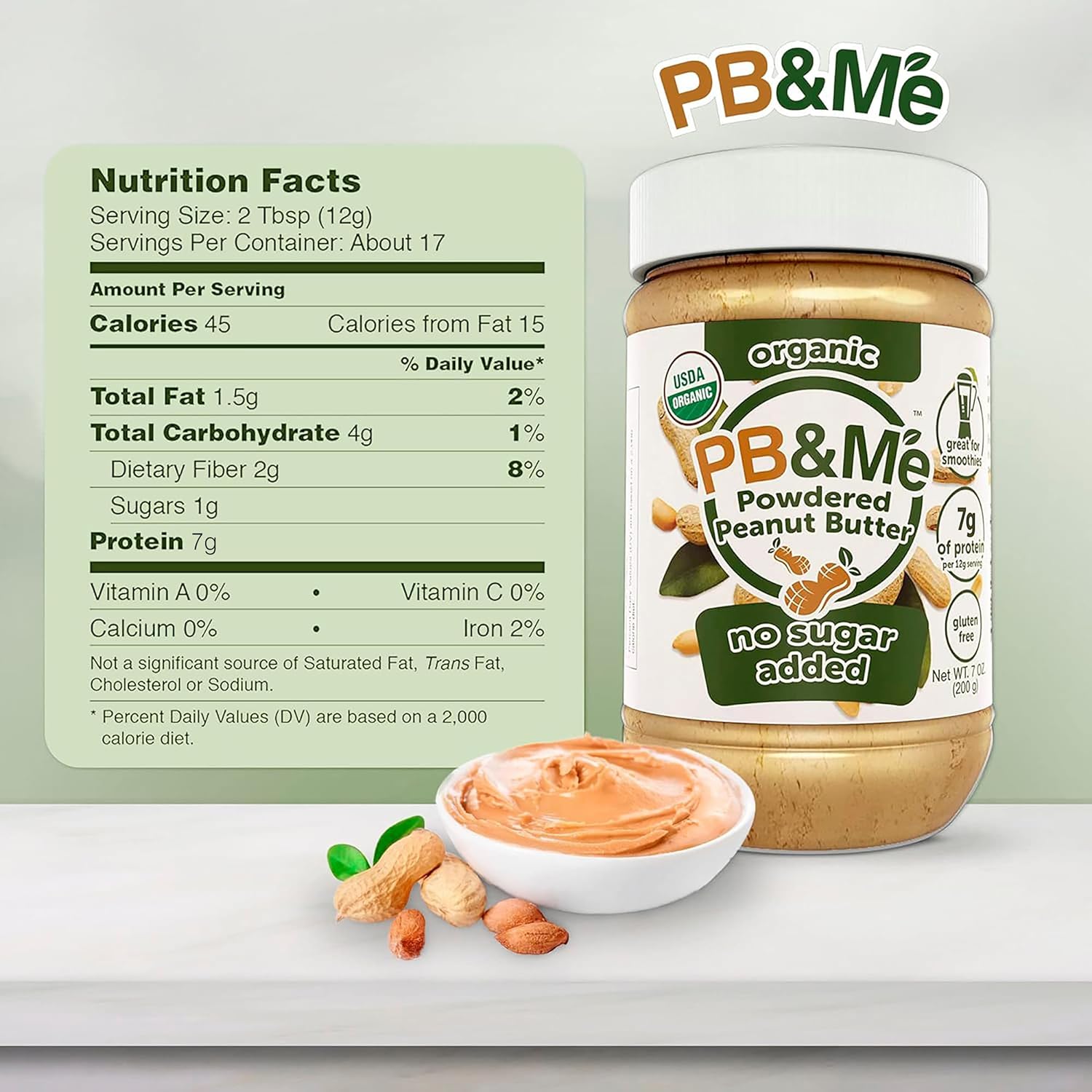 PB&Me Powdered Peanut Butter: High Protein, Low Fat, No Sugar Added (Natural, Gluten-Free, 200g)