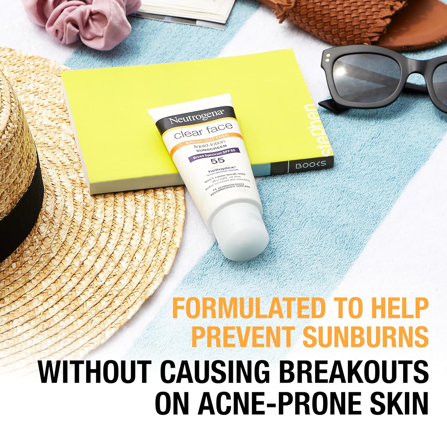 Neutrogena Clear Face Sunscreen SPF 55 (3oz) – Oil-Free, Breakout-Free Sun Protection for Acne-Prone Skin