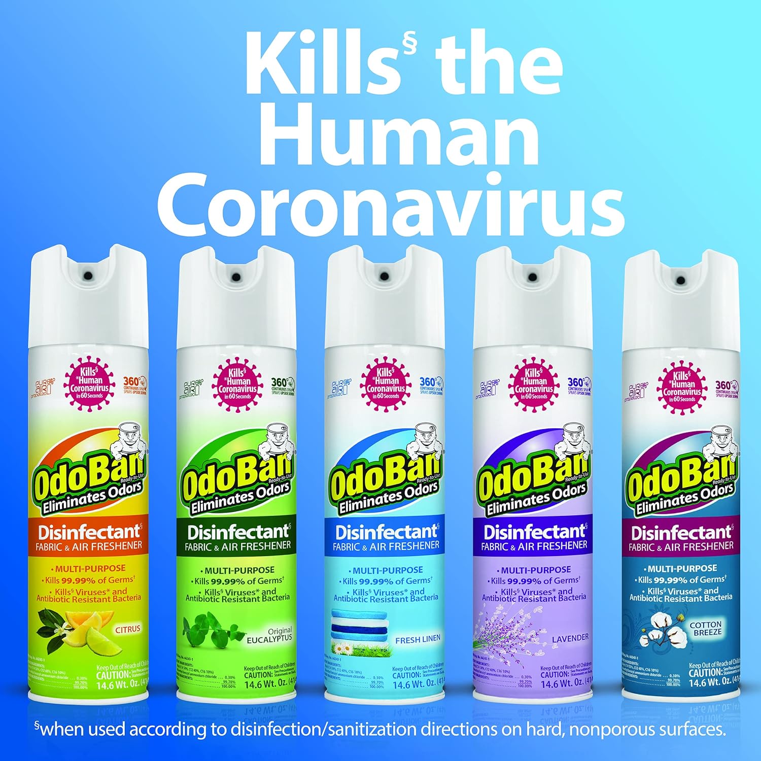 OdoBan Disinfectant & Odor Eliminator Spray (6-Pack, 14.6oz Cans) – Kills 99.99% of Germs*, Multi-Purpose Cleaner (Choose Scent: Eucalyptus or Lavender)