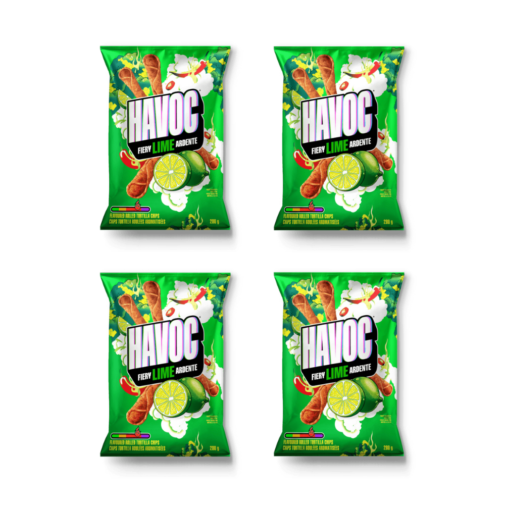 Havoc Fiery Lime Rolled Tortilla Chips - Intense & Spicy 4 Pack (80g Bags)