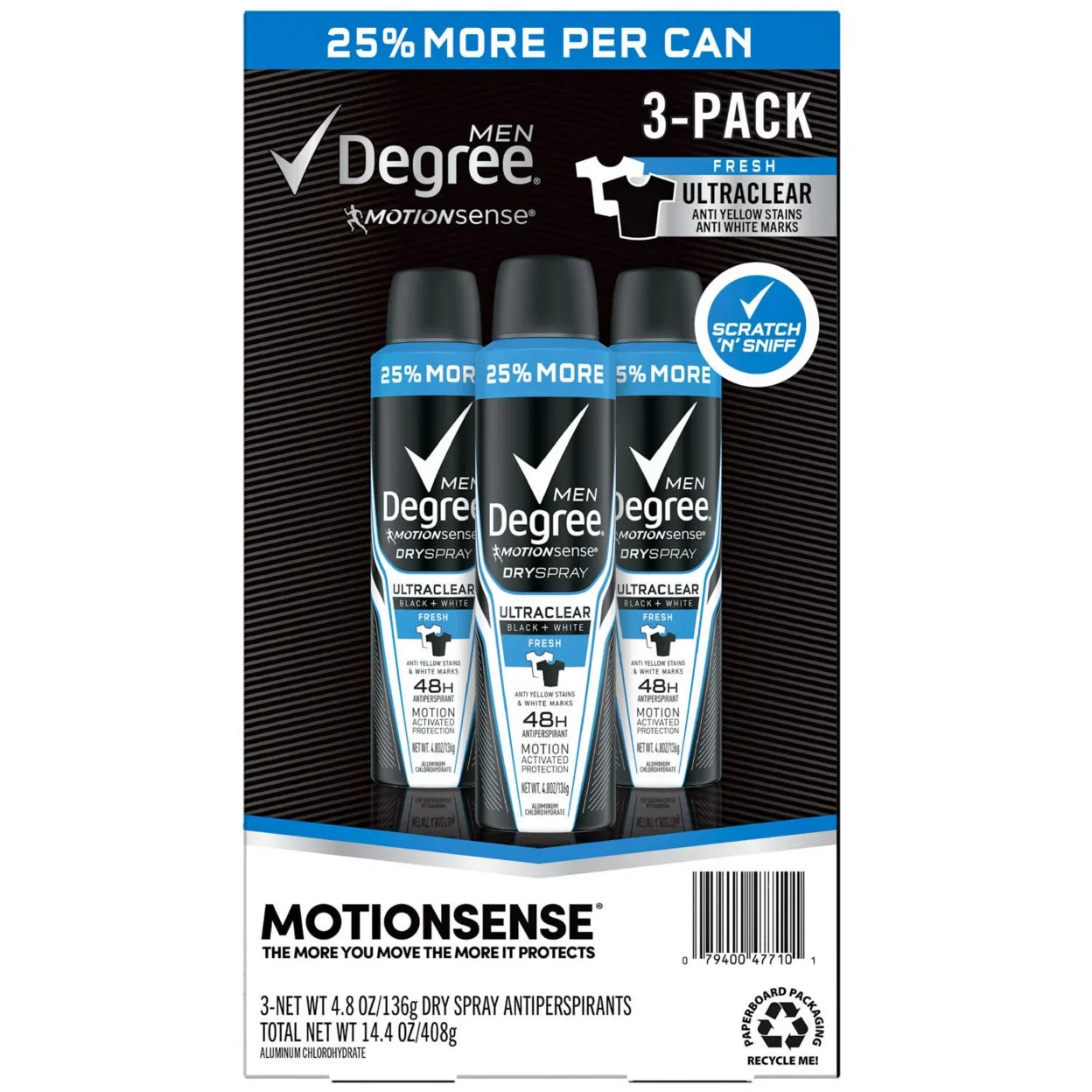 Degree Men's Antiperspirant Deodorant Dry Spray, UltraClear Black+White, Fresh Scent, 72-Hour Stain-Free Protection, 4.8 oz (3 Pack)