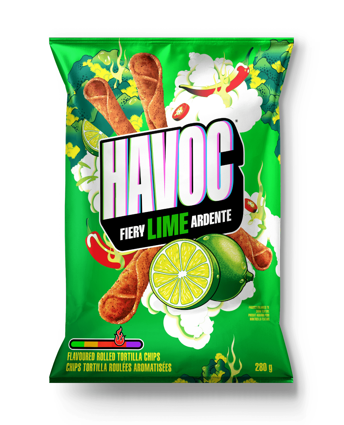 Havoc Fiery Lime Rolled Tortilla Chips - Intense & Spicy 4 Pack (80g Bags)