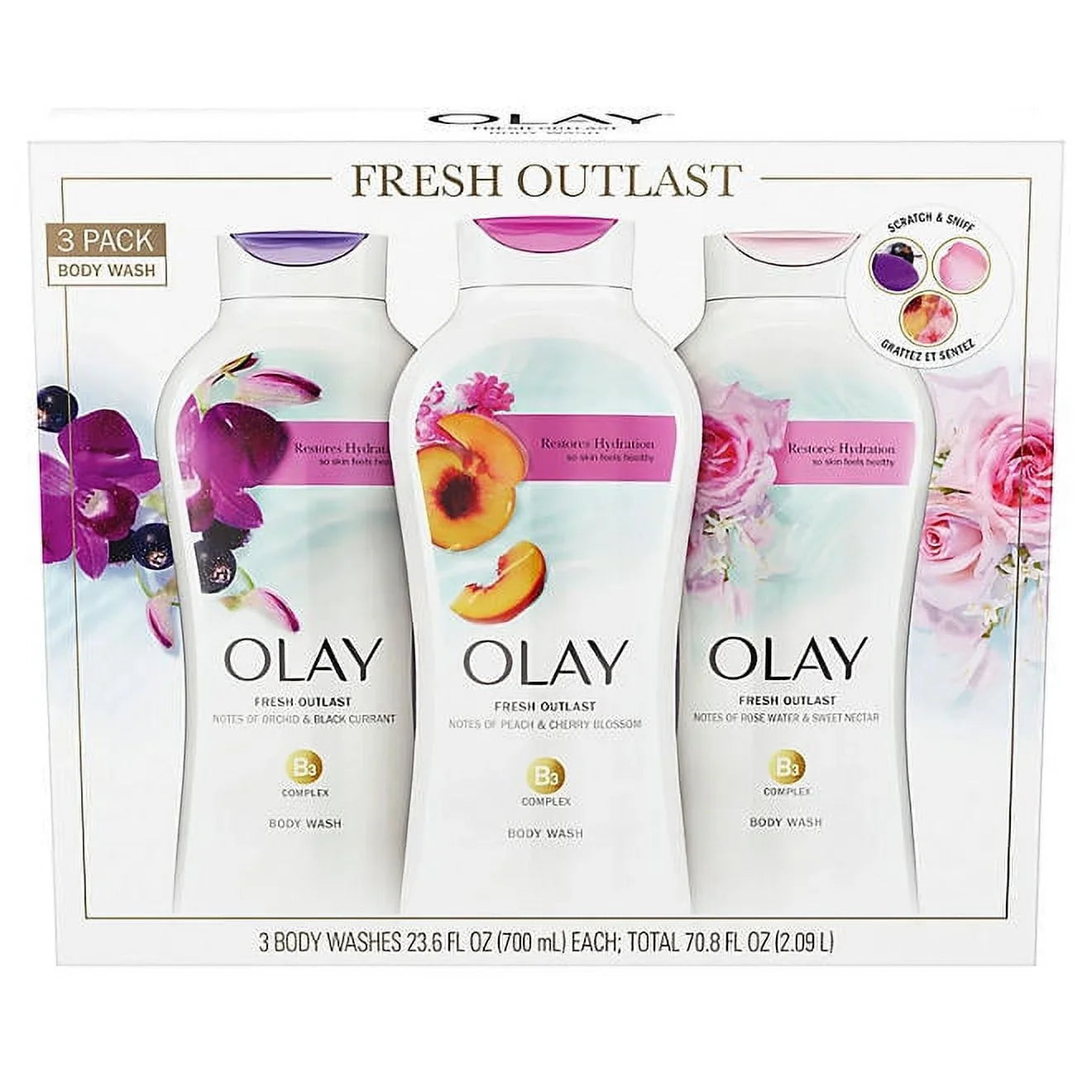 Olay Fresh Outlast Hydrating Body Wash, Variety 3-Pack (23.6 fl oz) – Vitamin B3 Complex, Invigorating Scents