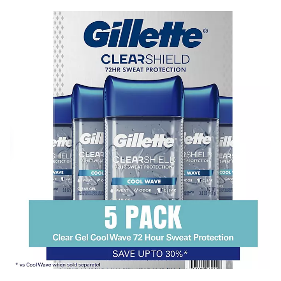 Gillette Cool Wave Clear Gel Antiperspirant Deodorant for Men (3.8 oz, 5 Pack) – 72-Hr Sweat Protection, No White Marks, Dri-Tech