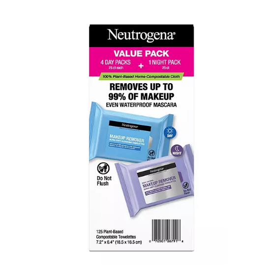 Neutrogena Night Calming Makeup Remover Wipes, 25 Ct (5-Pack Bundle) - Gentle Cleansing Towelettes for Face & Eyes, Plant-Based & Compostable