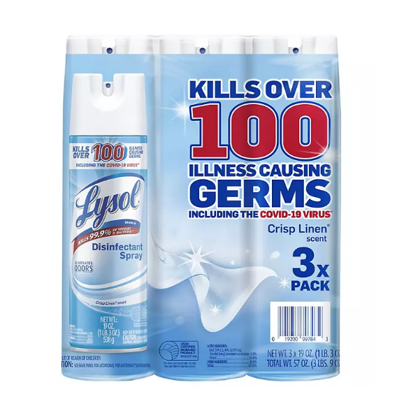 Lysol Disinfectant Spray (Crisp Linen, 3-Pack, 19oz Cans) – Kills 99.9% of Viruses & Bacteria*, Sanitizes Surfaces