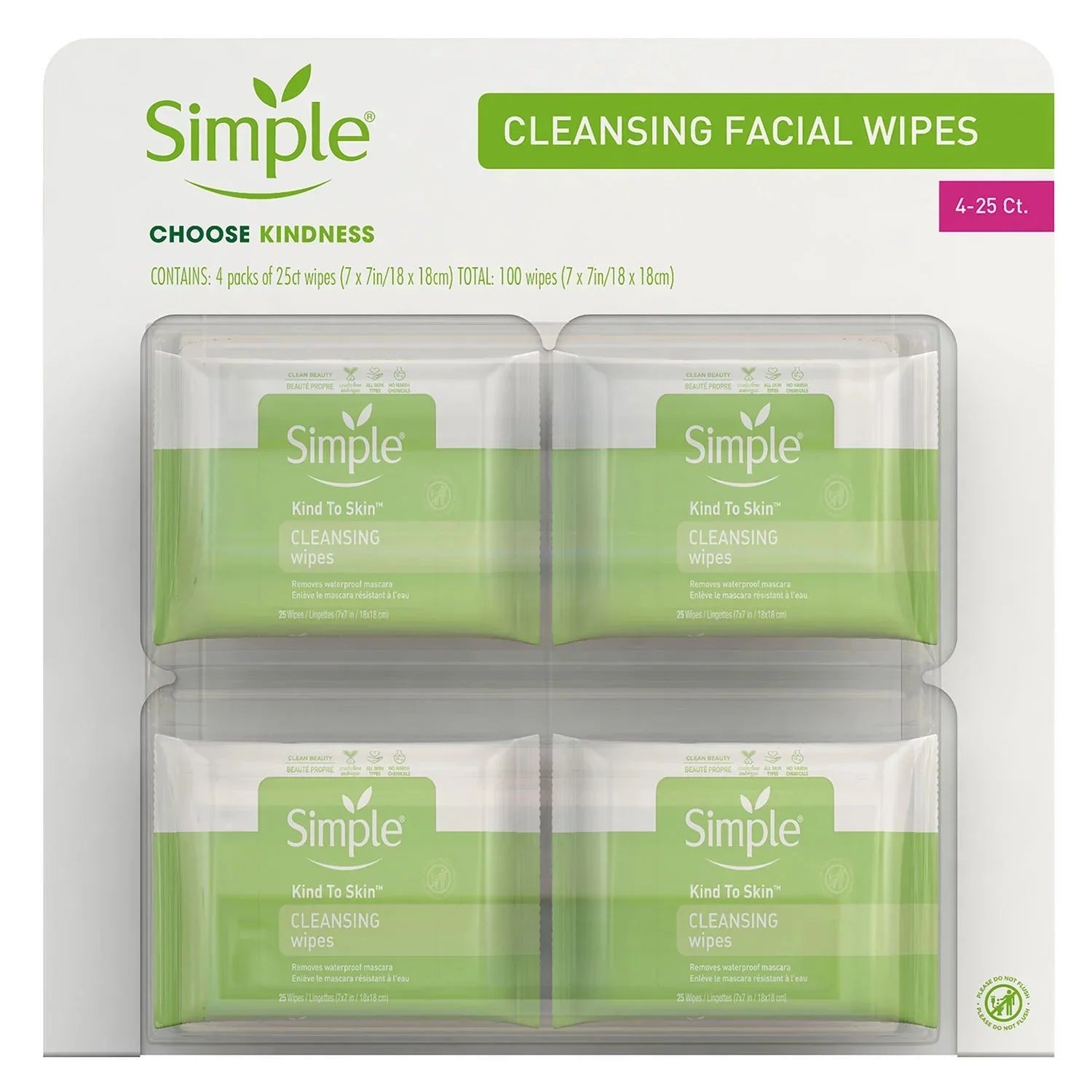 Simple Kind to Skin Cleansing Facial Wipes (4-Pack, 100 Wipes Total) – Gentle Makeup Remover, No Residue, Cruelty-Free