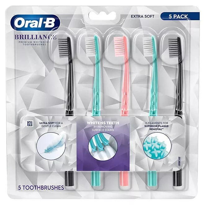 Oral-B Brilliance Whitening Toothbrush (Extra Soft, 5 Count) – X-Filaments for Plaque Removal, Whiter Teeth Day 1!